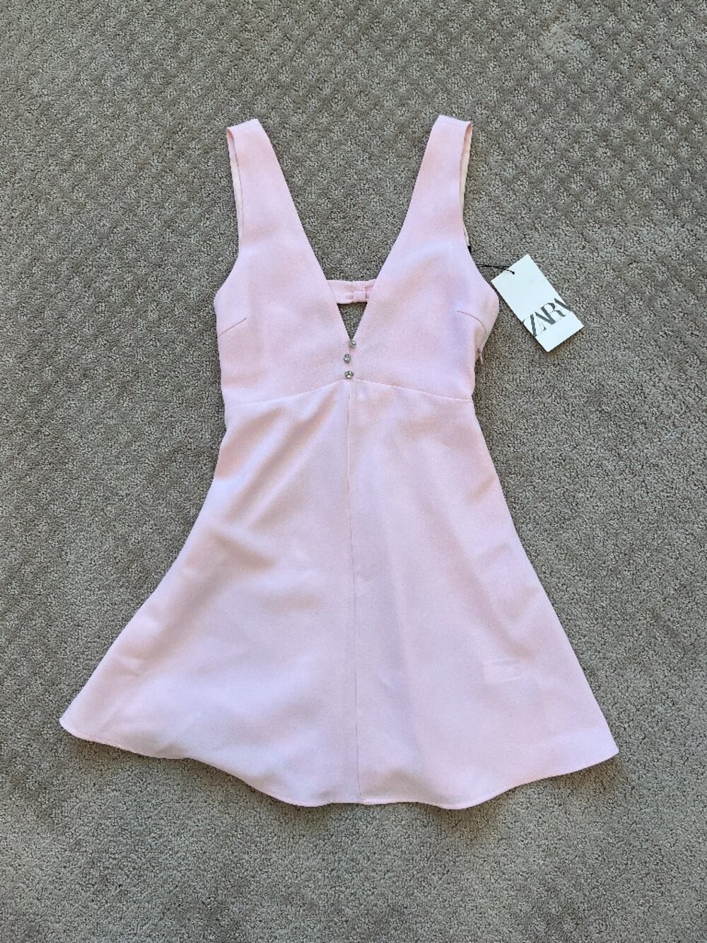 NWT Zara Baby Pink Jewel Button Pinafore Dress Bow V-Neck Zip Circle Skirt XS
